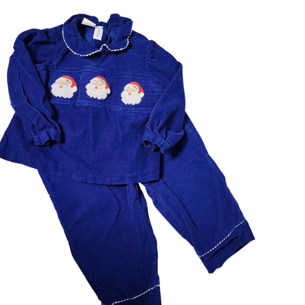 Vintage Vive La‎ Fete Girl Blue Corduroy Santa Embroidered Christmas Outfit 2